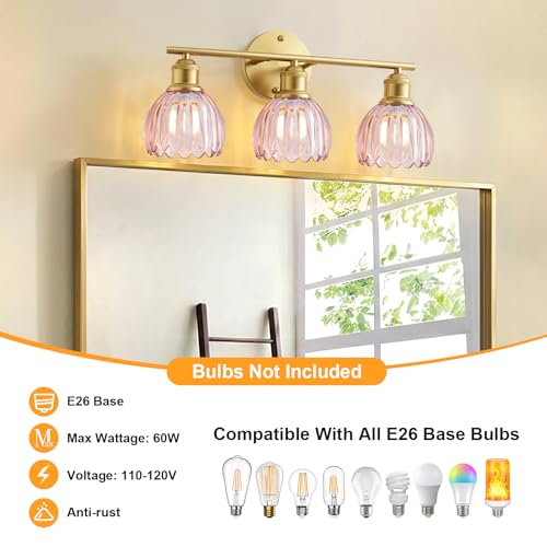 LETRY Bathroom Light Fixtures, 3-Light Brushed Gold Vanity Lights for Bathroom with Pink Tulip Glass Shade, 20" Vintage Bathroom Vanity Lighting Fixtures Over Mirror for Bedroom Living Room Hallway - image 8