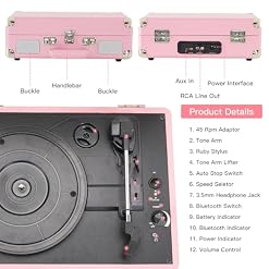 Pink Vinyl Record Player 3 Speeds Portable Suitcase Turntable with Built-in Dual Speakers, Bluetooth Gramophone with Built-in Battery 3.5mm Aux Input/RCA Output - Les Beatles, Paul McCartney, John Lennon, RIngo Starr, George Harrison Pink Vinyl Record Player 3 Speeds Portable Suitcase Turntable with Built-in Dual Speakers, Bluetooth Gramophone with Built-in Battery 3.5mm Aux Input/RCA Output – Image 5