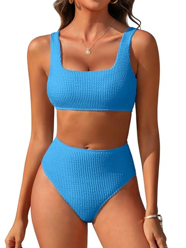 Image of ANRABESS Women' Two Piece Bikini Sets, High Waist Square Neck Swimsuits ,Ribbed Textured Comfy Bathing Suits,Beach Swim Wear