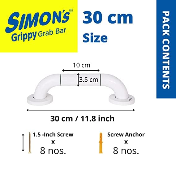 Image of Simon's Grippy Heavy-Duty Nylon and SS304 Inside Bathroom and Toilet Anti Slip Grab bar with for Elderly Hand Railing and Safety Handle| White | 3.5 cm Broad, 30cm Length - Pack of 1