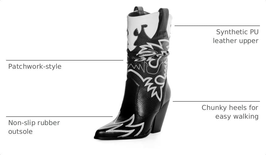 Image of Women Cowboy Boots Mid Calf Embroidered Cowboy Boots for Women Knee High Chunky Heel Pointed Toe Wide Calf Western Boots Cowgirl Boots