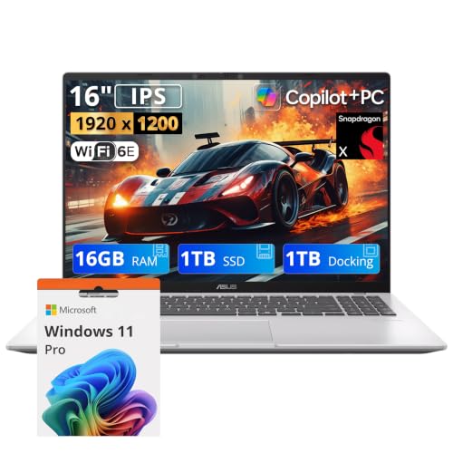 Image of ASUS Vivobook 16 Copilot+ 16 inch WUXGA IPS Laptop, Snapdragon X-X126100, 16GB RAM, 2TB Storage (1TB SSD+ 1TB Docking Station Set), Qualcomm Adreno, Backlit Keyboard, HD Camera, Win 11 Pro, Silver