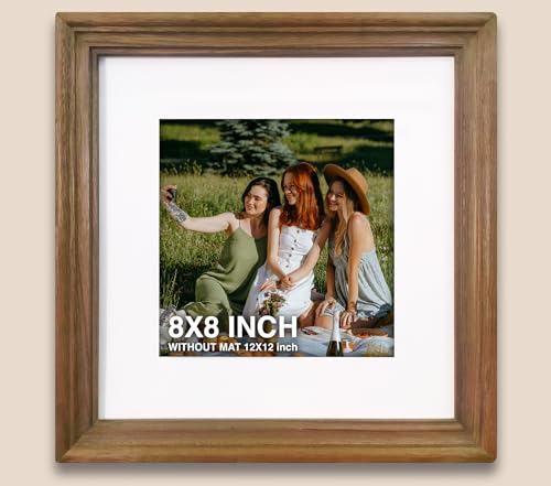 Image of 8 x 8 inch Wooden Photo Frame with Mat, Brown Photo Frame 8 x 8 inch with Mat or 12 x 12 inch without Mat for Wall Decoration, Gallery Walls, Best Wooden Photo Frames for Posters and Photos