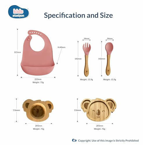 Image of Kids Station Koala Design 5-Piece Silicone Feeding Set for Babies | BPA-Free, Includes Suction Plate, Bowl, Spoon, Fork & Bib | Ideal for Infants & Toddlers (Set of 5 Koala Feeding Set, Pink)