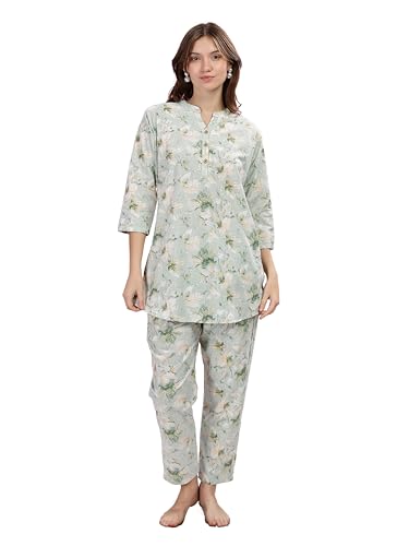 Image of 9shines Label Pure Cotton Printed Women Top & Pyjama Set | Pyjama co-ord Set | Night Suit | Lounge wear for Home | Nightwear Set for Women | Night Dress for Women Stylish (COPJ-5)