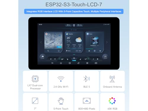 Waveshare ESP32-S3 7inch Capacitive Touch Display Development Board,ESP32 with 800×480 Resolution 65k RGB 7 inch LCD Screen,5-Point Touch,Supports WiFi & Bluetooth