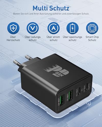 65W USB C Ladegerät, 4-Port GaN Netzteil PD/PPS Mehrfach Schnellladegerät Laptop Charger mit Typ-C 2M Ladekabel für MacBook Pro/Air/Neo, iPad, iPhone 17/16, 60W Samsung S26 S25, Dell HP Chromebook