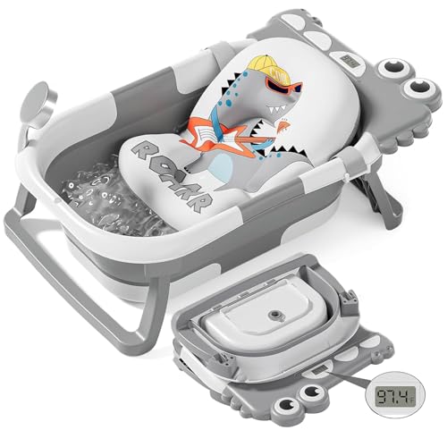 TPN Collapsible Baby Bathtub, Baby Bath Tub with Soft Cushion & Real-Time Thermometer, Baby Bathtub Infant to Toddler Tub (0-36 Months), Portable Travel Baby Tubs for Newborns (Grey)