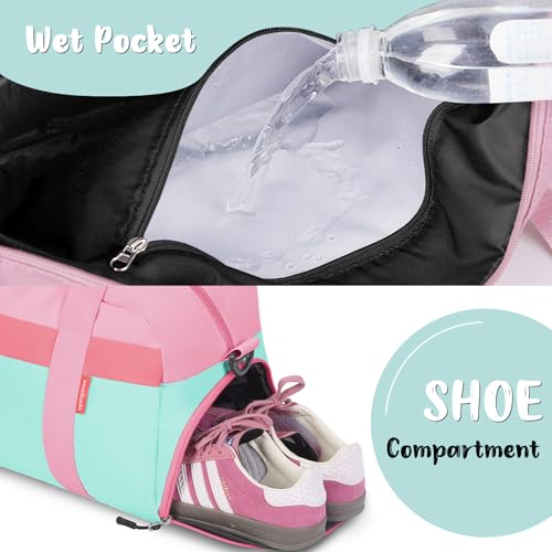 WOOMADA Travel Duffle Bag, Weekend Bag with Wet Pocket & Trolley Sleeve, Overnight Bag With Shoe Compartment, Fit for Sports Practice, Travel and Gifts(pink green)3