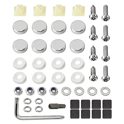 RED WOLF Anti-Theft License Plate Frame Screws Bolt Fasteners Security Self-Tapping Stainless Steel Plate Screws Car Tag Mounting Hardware Kit w/Chrome Screws Caps, Nuts, Foam Pad, Anti Rattle