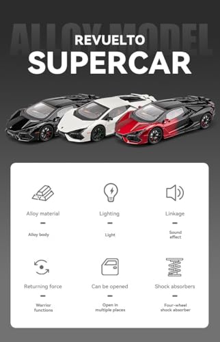 Image of Lamborghini Revuelto 1:24 Diecast Metal Car - Openable Doors, Sound & Light, Pull-Back Action, Realistic Collectible Toy Car for Kids &Adults,Premium Model RED Black