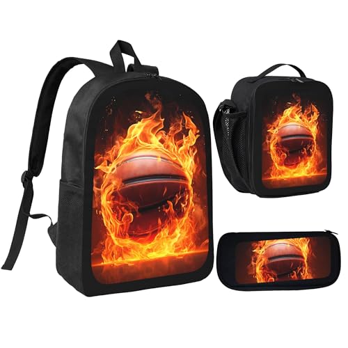 Flame Red Sports Basketball Large 3-Piece Backpack Set with Insulated Lunch Box & Pencil Case Waterproof 17 Inches Backpacks Bag Back Packs Pencil Pouch Lunch Bag for Men Women 3 Pcs (Black)