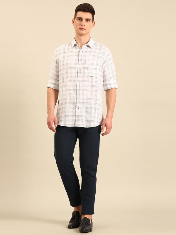 Image of Linen Club Men's Pure Linen Checked Contemporary Fit Full Sleeve Casual Shirt