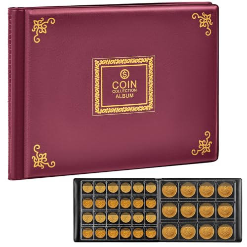 Aptbyte Coin Collection Supplies Holder Book for Collectors, 300 Pockets Coin Collection Organizer Storage Box Case Album for 20/25/ 27/30/ 38mm Coins (Vintage pattern burgundy)