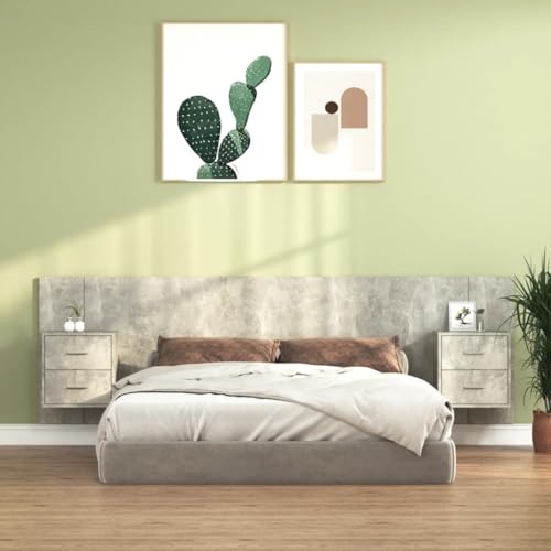 Bucmath Tête de lit murale en bois gris béton avec tables de chevet, 160 cm de large, design robuste pour chambre à coucher, avec étagères de rangement