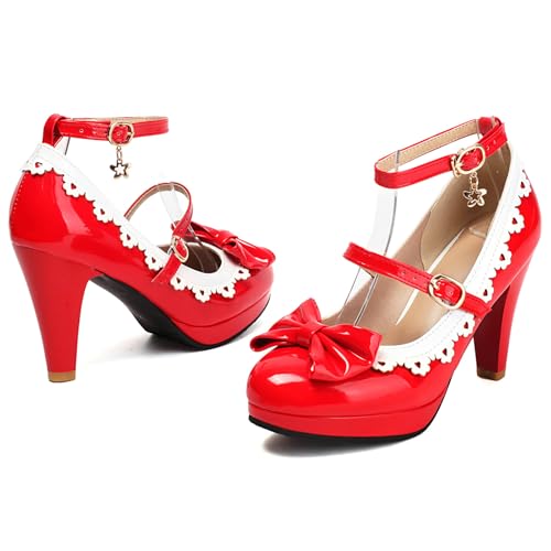 LUXMAX Women's Rockabilly Shoes Chunky High Heels Mary Janes Cute Bow Shoes Patent Leather Ankle Strap Pumps Kawaii Heels 1950s Cosplay Shoes2