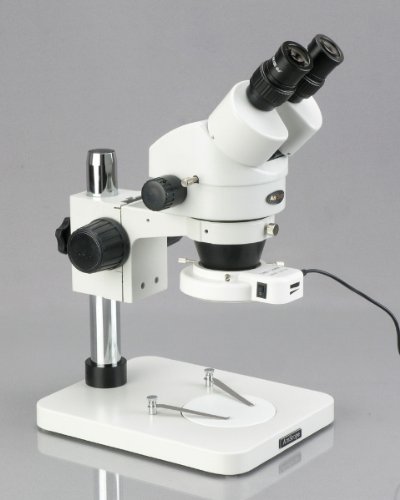 Image of AmScope SM-1BSZZ-144S Professional Binocular Stereo Zoom Microscope, WH10x and WH20x Eyepieces, 3.5x-180x Magnification, 0.7X-4.5X Zoom Objective, 144-Bulb LED Ring Light, Pillar Stand, 110V-240V, Includes 0.5x and 2.0x Barlow Lenses