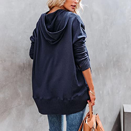 Amikadom Moletom feminino com capuz azul royal com capuz manga longa Henley decote profundo ajuste r