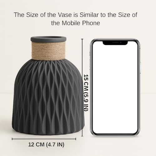 Image of Plastic Pineapple Shape Decorative Vase with Jute Rope Top | Ceramic Look, Unbreakable Flower Pot for Centre Table, Balcony & Living Room Decor | Only Vase (No Flower) (Grey)