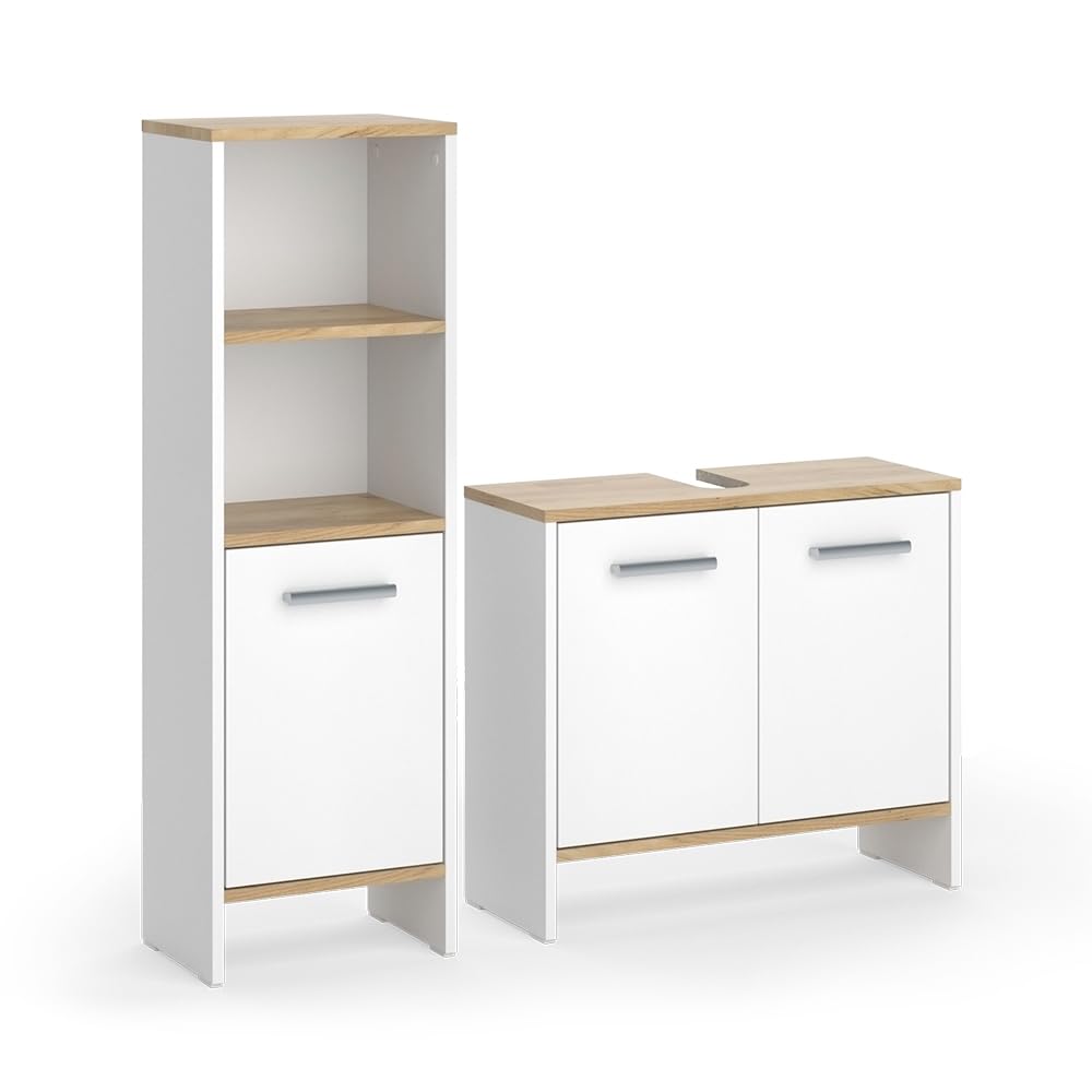 Vicco Set di mobili da bagno Karli, Rovere bianco/​dorato, 63.8 cm, composto da mobile sottolavabo e colonna alta