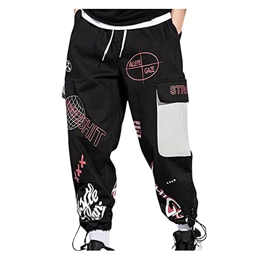 Pvida byxor herr trendiga hiphop joggare cargo pants bokstäver tryckt techwear byxor med fickor baggy harembyxor streetwear punk byxor lösa arbetsbyxor joggingbyxor utomhus fritidsbyxor, svart, XL