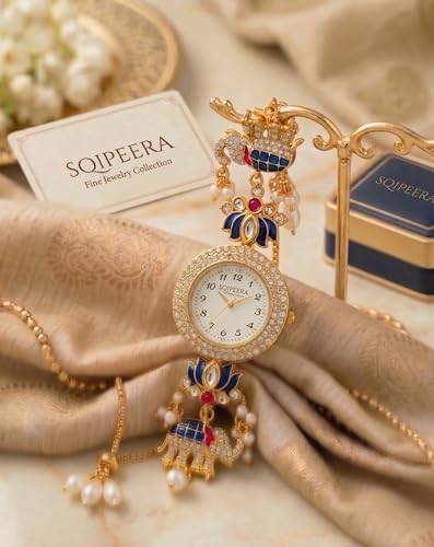 Image of Kashmiri Watch for Women | Gold Tone Round Dial | Crystal Studded Floral Design | Adjustable Chain Traditional Ethnic Jewellery Gift