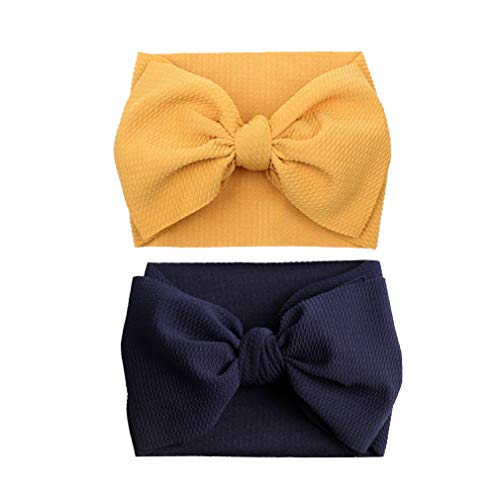 YanJie Baby Large Bows Headwrap Stretch Print Textured Fabric Top Knot Turban Headband Hair Accessories 2pcs/pack (navy)