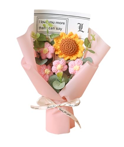 Image of NHCDFA Cotton Crochet Sunflower Bouquet, Crochet Flower Lovely Color Gift for Girls Home Decor for Mother Assortment of Small Sunflower with Light Pink Wrapping Paper