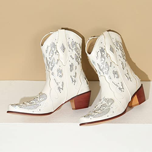 FIFSY Rhinestone Mid Calf Cowboy Boots Sequin Glitter Chunky Heel Booties Short Western Cowgirl Vintage Boots3