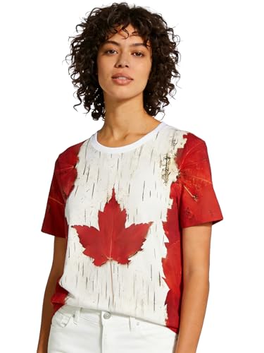 Women's Canada Flag Graphic T-Shirt, Red and White, Maple Leaf Print, Short Sleeve, Crew Neck (US, Alpha, Small, Regular, Regular)
