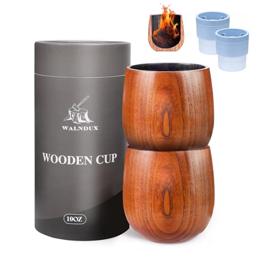 WALNDUX Charred Wooden Whiskey Glasses Set - 2 Pack with Ice Ball Molds - Premium Bourbon...