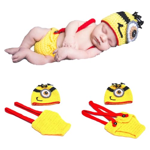 LIDNAO ハロウィン ベビー服 ミニオン 男女兼用 2点セット 帽子+ズボン 子供服 キッズコスチューム ベビーニューボーンフォト 寝相アート 写真撮影 (イエロー,0-3ヶ月)