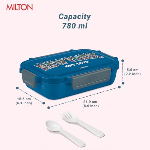 Image of MILTON Super Sherry Tiffin Lunch Box for Kids Boys & Girls with Leak-Proof Inner Container| Food Grade,BPA Free,Compact & Durable Snacks Box for Kids I Plastic Spoon & Fork, 780 ml, Blue