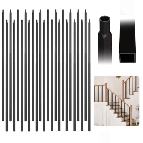 32 Pcs Wrought Iron Balusters for Staircase 1/2 x 44 Inch Square Metal Stair Balusters for Interior Railing Remodel Modern Black Straight Hollow Iron Baluster for Handrail Railing System