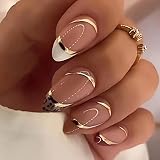 French Tip Press on Nails Almond Medium Fake Nails Nude False Nails with Gold Foil Swirl Designs Leo
