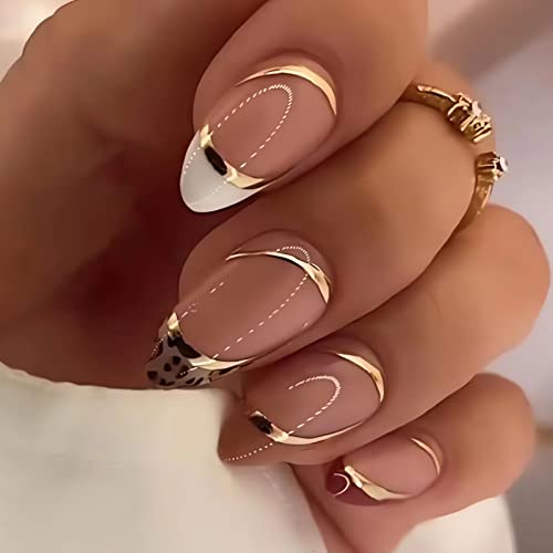 French Tip Press On Nails Almond Medium Fake Nails Nude False Nails With Gold Foil Swirl Designs Leopard Print Nail Tip Acrylic Nails Almond Shaped Glue On Nails Glossy Artificial Nails For Women24Pcs #TOP19