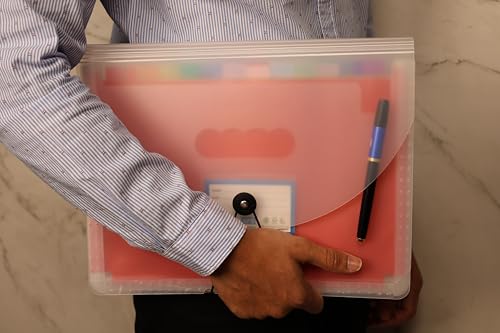 Image of SPS A4 Expanding File Folder - 13 Pockets | Transparent | Pastel Color Dividers | Snap Button Closure | Fits A4 & Letter Size | Waterproof & Lightweight