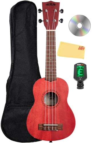 Kala MRT-RED-S, Modern Meranti in Watercolors Ukulele - Adobe Red Soprano Bundle with Gig Bag, Tuner, DVD, and Austin Bazaar Polishing Cloth