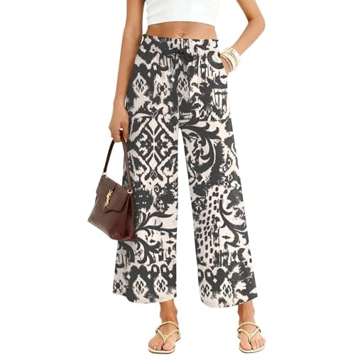 LOMON Women's Casual Wide Leg Pants Drawstring Elastic Waist Flowy Palazzo Pants with Pockets Medium Black Floral