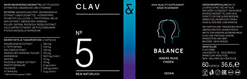 CLAV® N°5 BALANCE – Serotonin & Dopamin Kapseln mit Ashwagandha, Rhodiola & Safran – Magnesium, Vitamin B12, B5 & B9 – Für innere Balance & Nerven – 60 Kapseln – Vegan