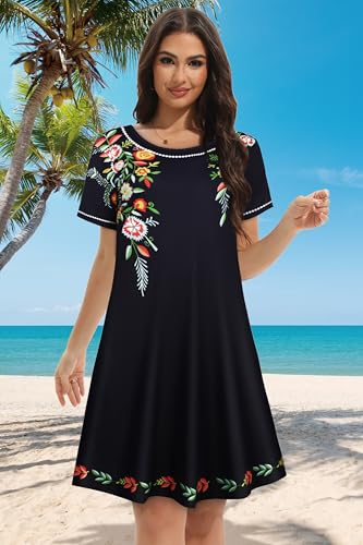 Image of Summer Dresses for Women Casual Tshirt Short Sleeve Floral Sundress Beach Cover Ups with Pockets 2026