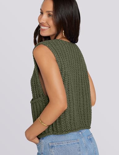 Image of UEU Womens Chunky Sweater Vest Button Down Sleeveless Cardigan V Neck Crop Crochet Knit Tops 2025 Fashion Trendy Clothes