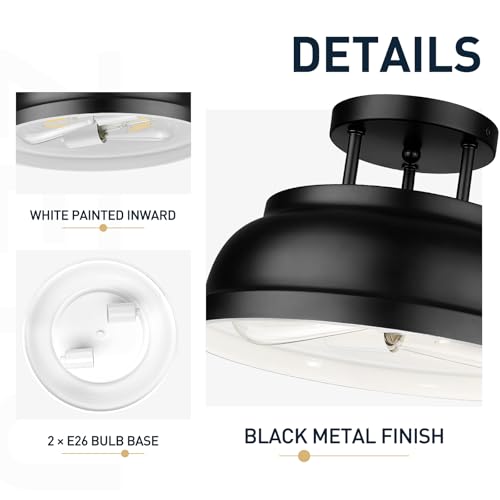 Image of zeyu 12'' Industrial Semi Flush Ceiling Light, 2-Light Flush Mount Ceiling Lamp for Bedroom Dining Room, Metal Dome Shade in Black Finish, ZY29-F BK