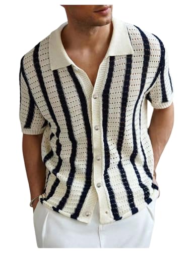 WDIRARA Men's Big and Tall Striped Crochet Button Down Shirt Half Sleeve Collared Knit Tops
