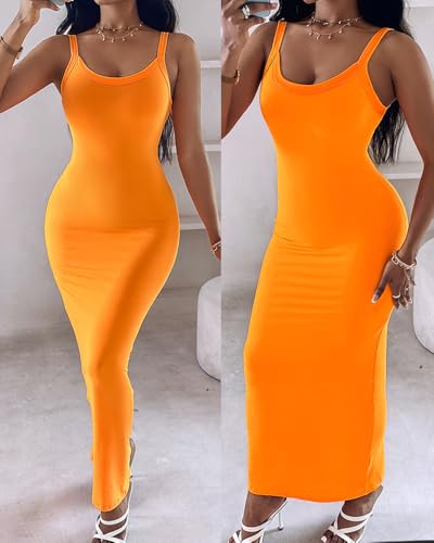 Image of Womens Bodycon Sexy Maxi Dress Soft U-Neck Spaghetti Strap Summer Slip Dress Solid Sleeveless Club Vacation Dress