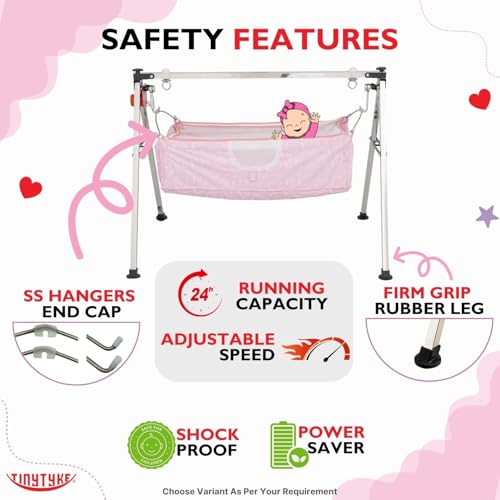 TINYTYKE Automatic Cradle for Baby - Electric Swing Cradle with Adjustable Speed - Semi-Foldable Frame with Pink Cloth and Mosquito Net - Baby Palna/Jhula for Kids of 0 to 3 Years - Carry Upto 20kgs