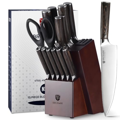 Image of Kitchen Knife Set with Block, Food Grade 15 Pcs German Stainless Steel Professional Chef Knife Set with Knife Sharpener, Full Tang Knife Block Set with Ergonomic Handle, Bes Kitchen Gifts
