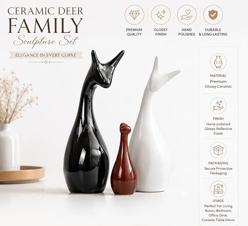 Image of Divyakosh Handmade Home Decoration Item, Ceramic Deer Family, Showpiece (Set of 3) for Living Room Decor, Gift Item, Modern Animal Figurine, Showcase Office Table Decor Housewarming