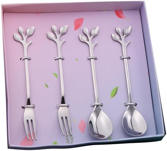 Silverware Flatware Set, 4/16/24/32 Pieces Creative Leaf Forks, Stainless Steel Fruit Forks, Coffee Stirring Spoons, Cake Dessert Spoons (Color : Silver, Size : 8Set-32Pcs)