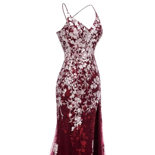 Image of Long Spaghetti Straps Tulle Mermiad Prom Dress V Neck Lace Appliques Formal Dress with Slit SF203